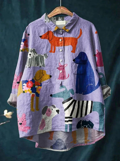 Women's Dog Print Long Sleeve Button-Down Blouse with Collar