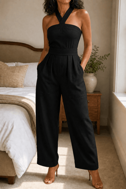 Women's Halter-Neck Wide-Leg Jumpsuit with Defined Waist