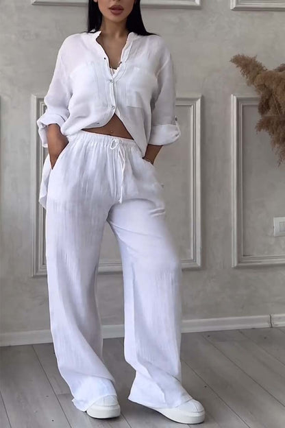Fara Matching Cotton Linen Shirt and Wide-Leg Pants Two-Piece Co-Ord Set