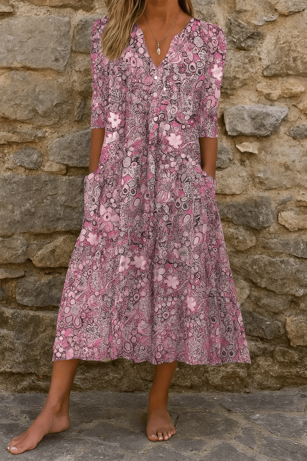 Floral Button-Front V-Neck Women's Midi Dress with Pockets