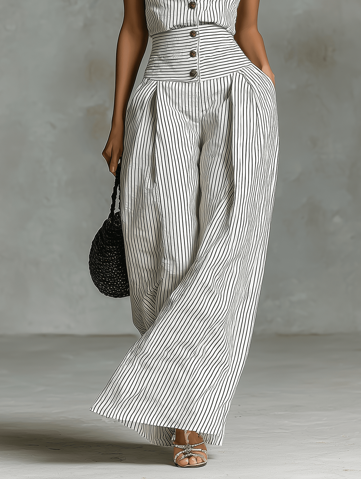 Women's Striped Halter-Neck Wide-Leg Linen Blend Jumpsuit