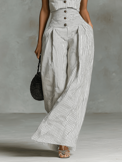 Women's Striped Halter-Neck Wide-Leg Linen Blend Jumpsuit