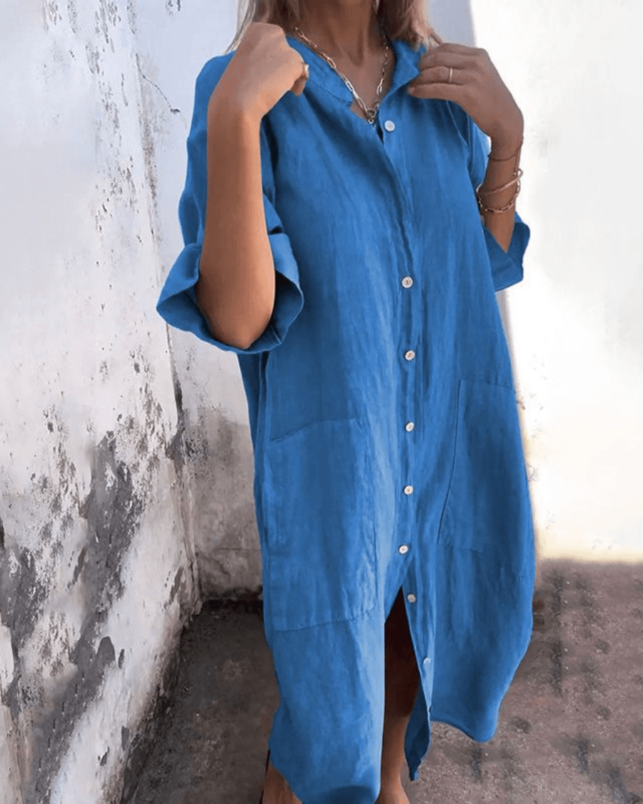 Valerie Button-Up Summer Midi Shirt Dress with Half Sleeves and Patch Pockets