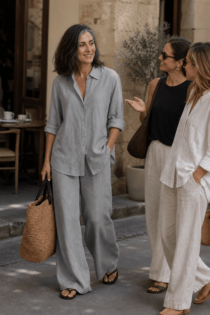 Women's Linen Shirt and Wide-Leg Tailored Trouser Two-Piece Set