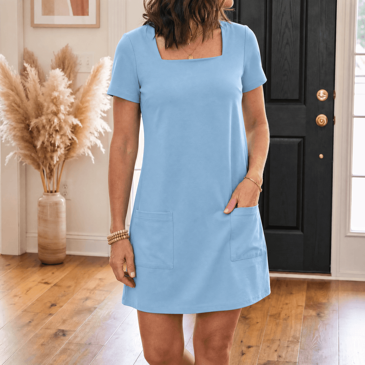 Square-Neck Cotton Blend Women's Midi Dress with Side Pockets