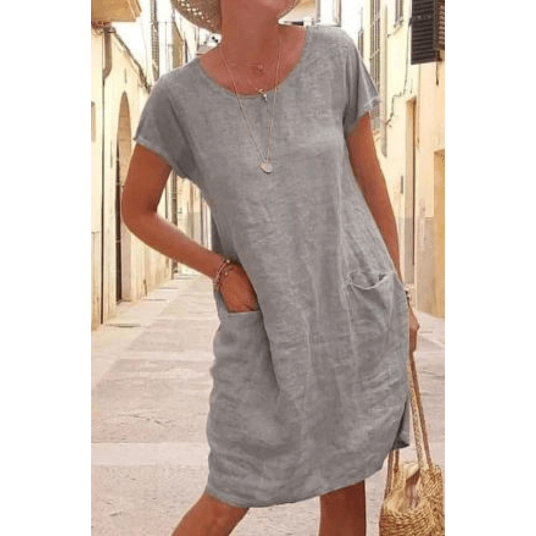 Casual Knee-Length Crew Neck Short Sleeve Dress with Side Pockets