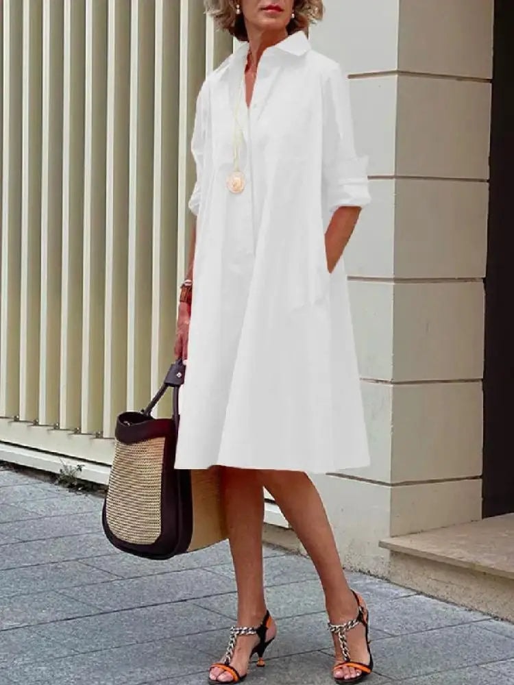 Women's Collared Linen Shirt Midi Dress with Loose Fit for Autumn