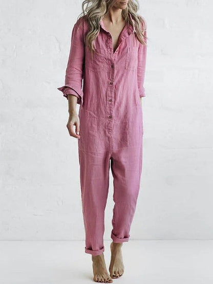 Button-Front Linen Jumpsuit with Pockets for Women