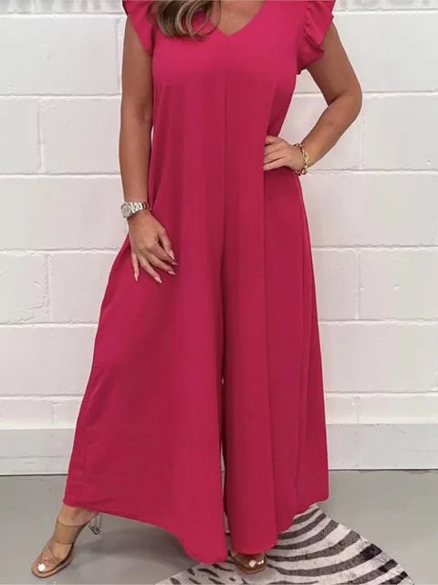 Sabrina Wide Leg Jumpsuit with Ruffled Sleeves and V-Neck