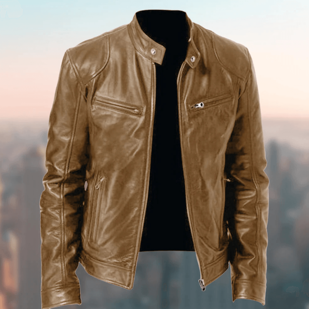 Slim-Fit Leather Moto Men's Jacket with Zippered Front Closure