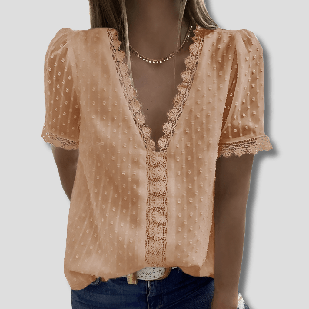 Wendy Swiss Dot Lace Trim Top with Short Sleeves and V-Neck