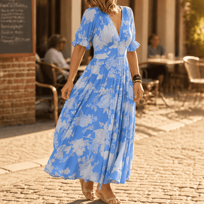 Minelda Floral Tiered V-Neck Women's Summer Maxi Dress with Flutter Sleeves and Belted Waist