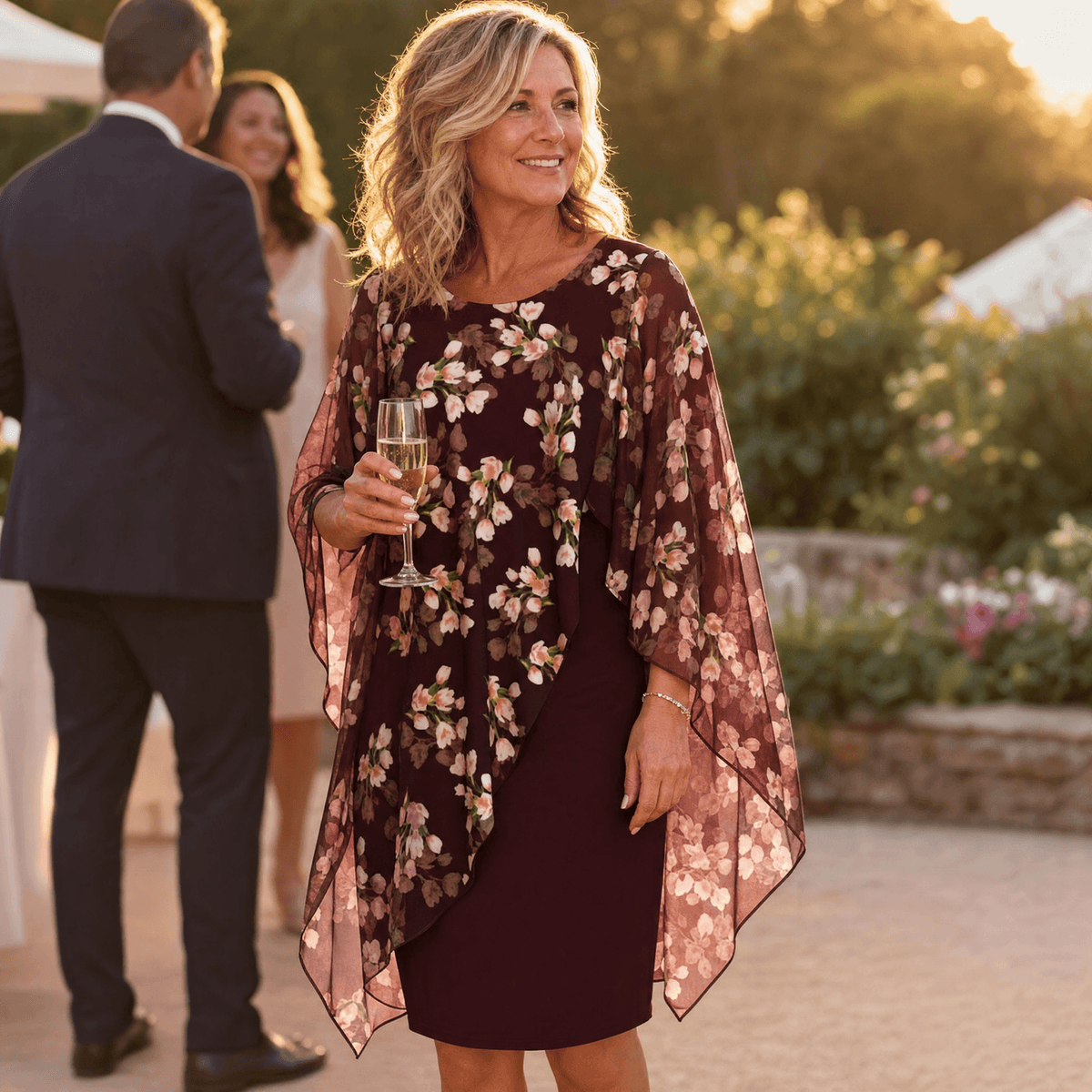 Florevia Floral Chiffon Cape Overlay Women's Midi Dress