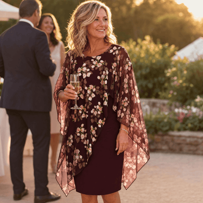 Florevia Floral Chiffon Cape Overlay Women's Midi Dress