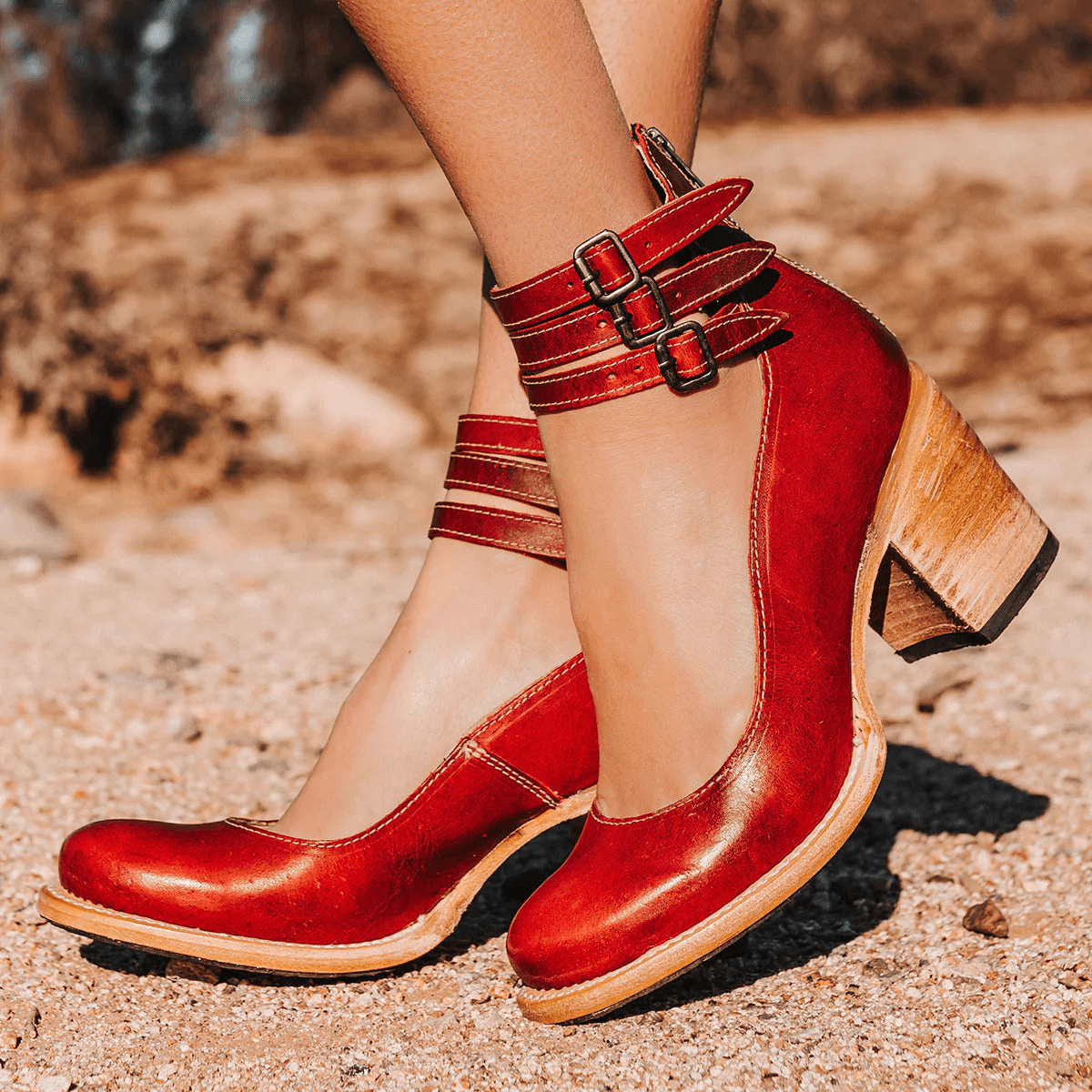 Women's Ankle Boots with Block Heel and Buckle Straps