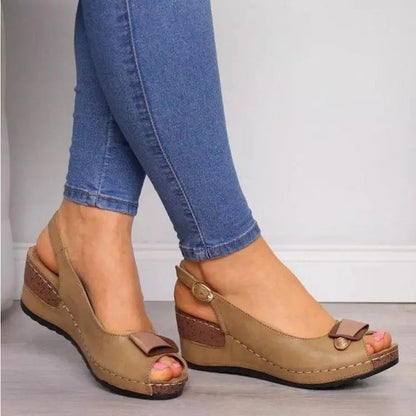Slingback Peep Toe Leather Sandals with Buckle Strap and Wedge Heel