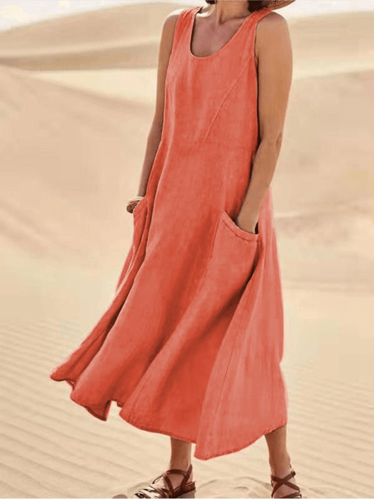 Sleeveless Linen A-Line Midi Summer Dress with Pockets for Women