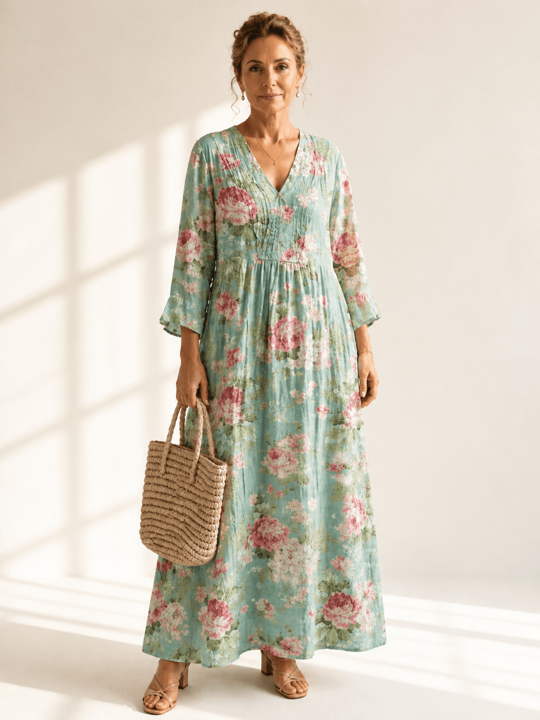Anne Floral Cotton Women's Midi-Length A-Line Dress with Bell Sleeves