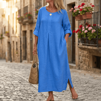 Women's Linen Summer Midi Dress with Roll-Up Sleeves and Side Pockets