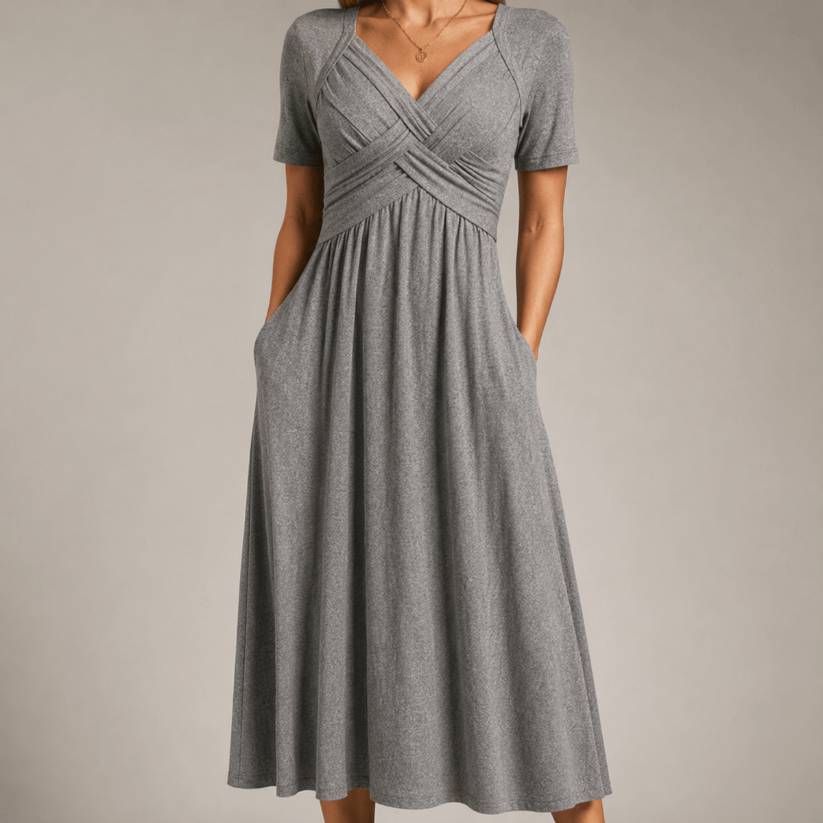 Villefranche Crossover V-Neck Jersey Knit A-Line Women's Midi Dress with Pockets