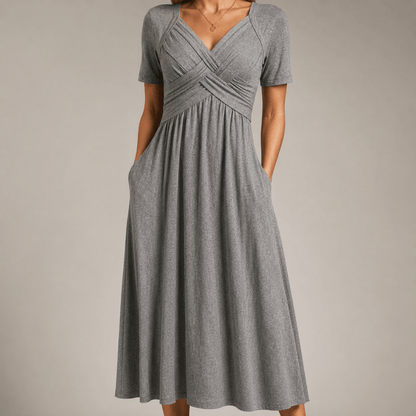 Villefranche Crossover V-Neck Jersey Knit A-Line Women's Midi Dress with Pockets
