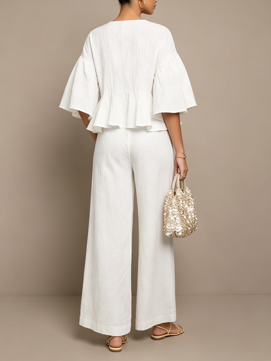 Matching Linen Two-Piece Set with Ruffle-Sleeve Top and Wide-Leg Pants
