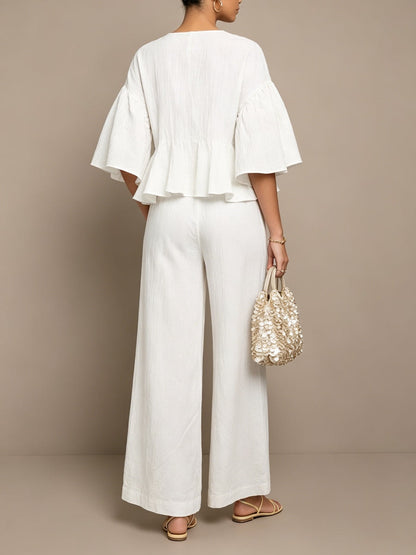 Matching Linen Two-Piece Set with Ruffle-Sleeve Top and Wide-Leg Pants