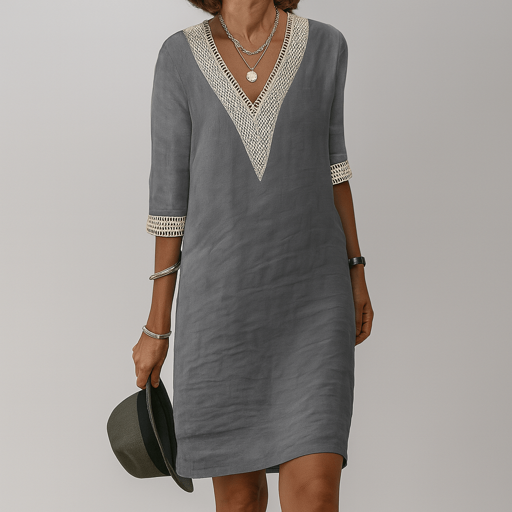 Women's Linen Crochet-Trim Summer Midi Dress with Half Sleeves