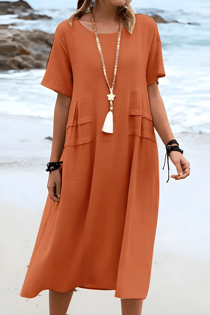 Relaxed Summer Midi Dress in Cotton Linen Blend with Short Sleeves and Front Pockets