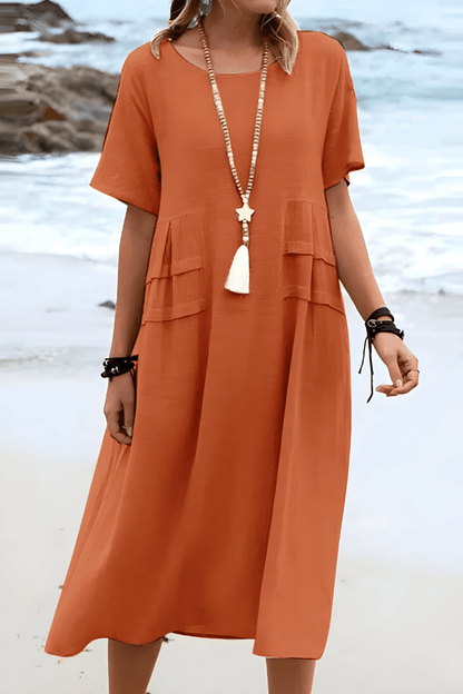 Relaxed Summer Midi Dress in Cotton Linen Blend with Short Sleeves and Front Pockets
