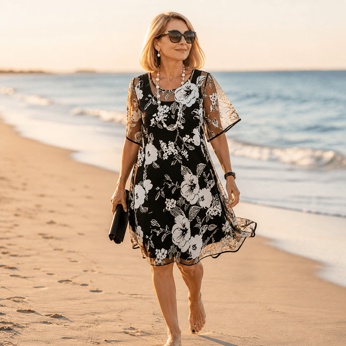 Solenya Black Floral Chiffon A-Line Women's Midi Dress with Sheer Overlay