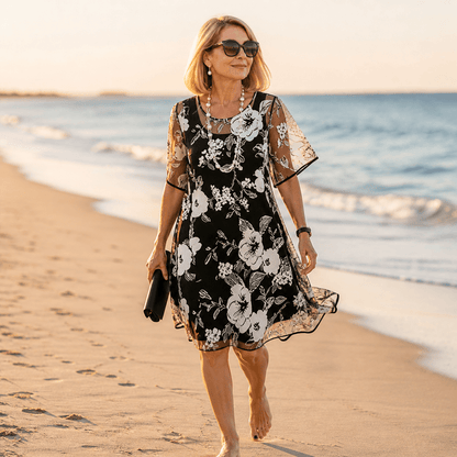 Solenya Black Floral Chiffon A-Line Women's Midi Dress with Sheer Overlay