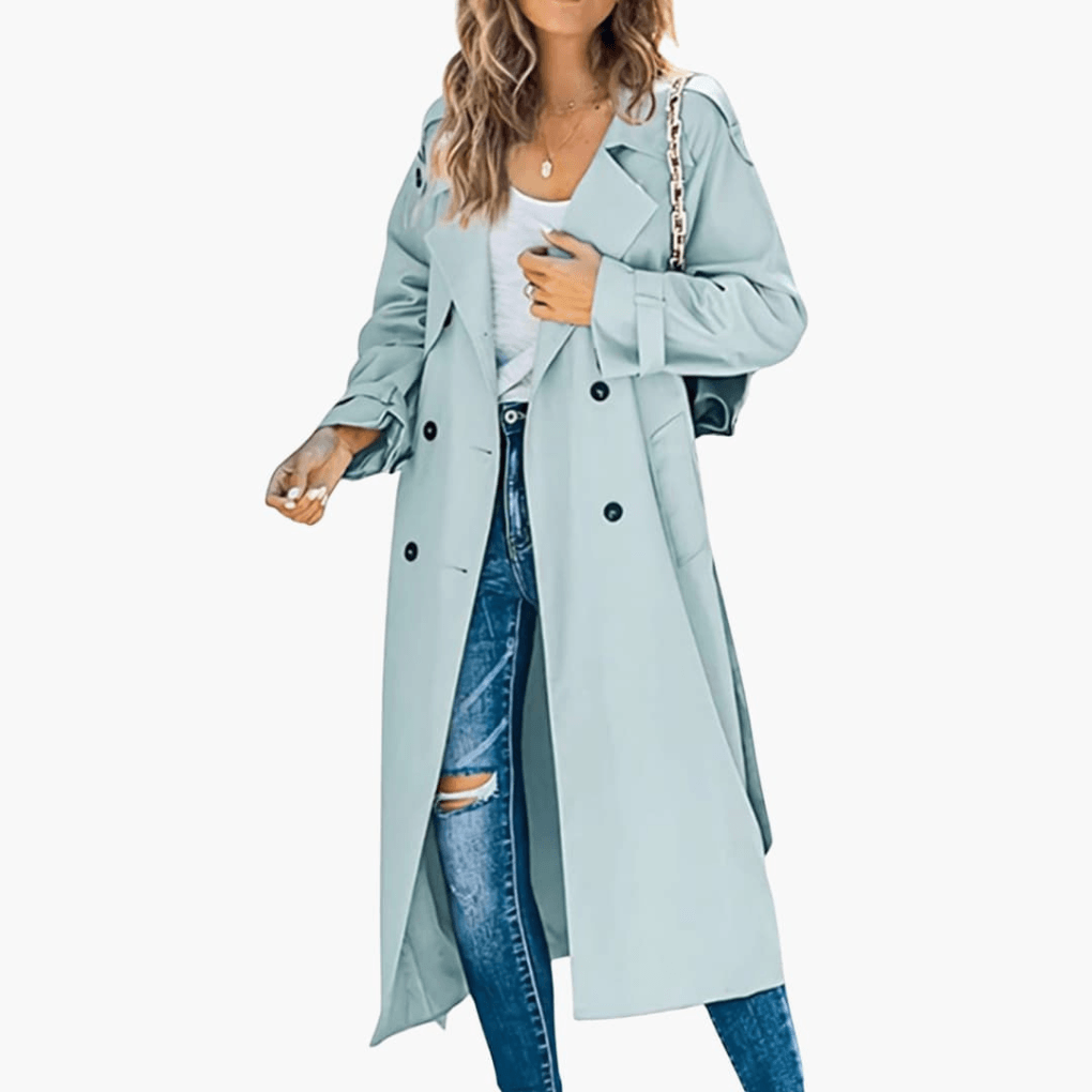 Double-Breasted Trench Coat with Adjustable Cuffs and Belted Waist
