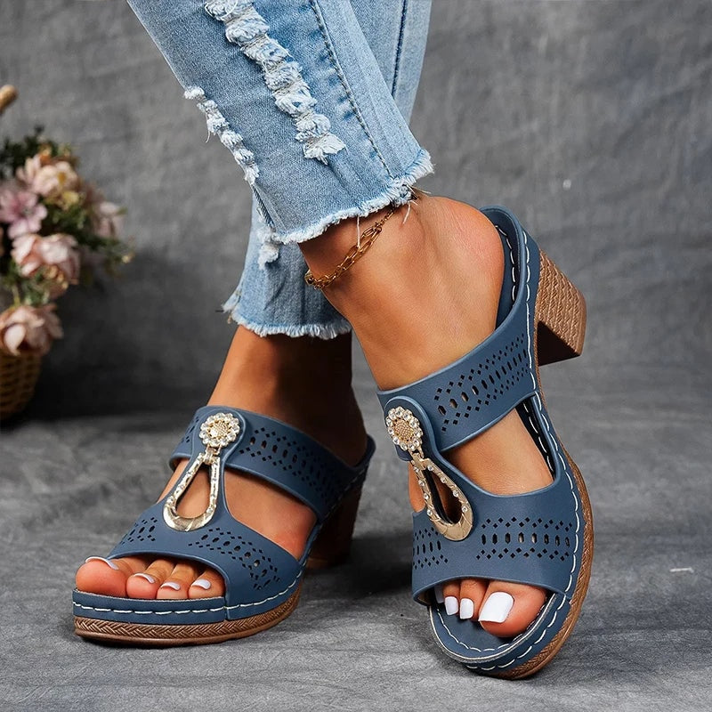 Eliza Winters Rhinestone Flower Cushioned Wedge Sandals