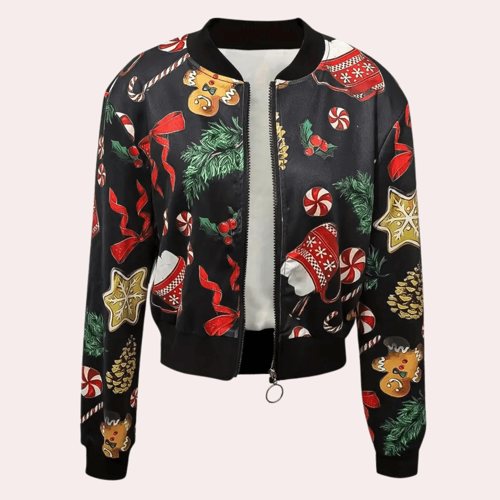 Jorja Christmas Print Cropped Bomber Jacket for Women