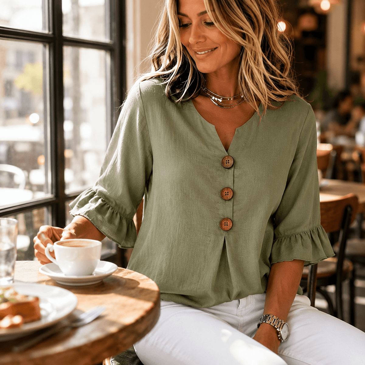 Laurelle V-Neck Ruffle Sleeve Blouse with Button Detail
