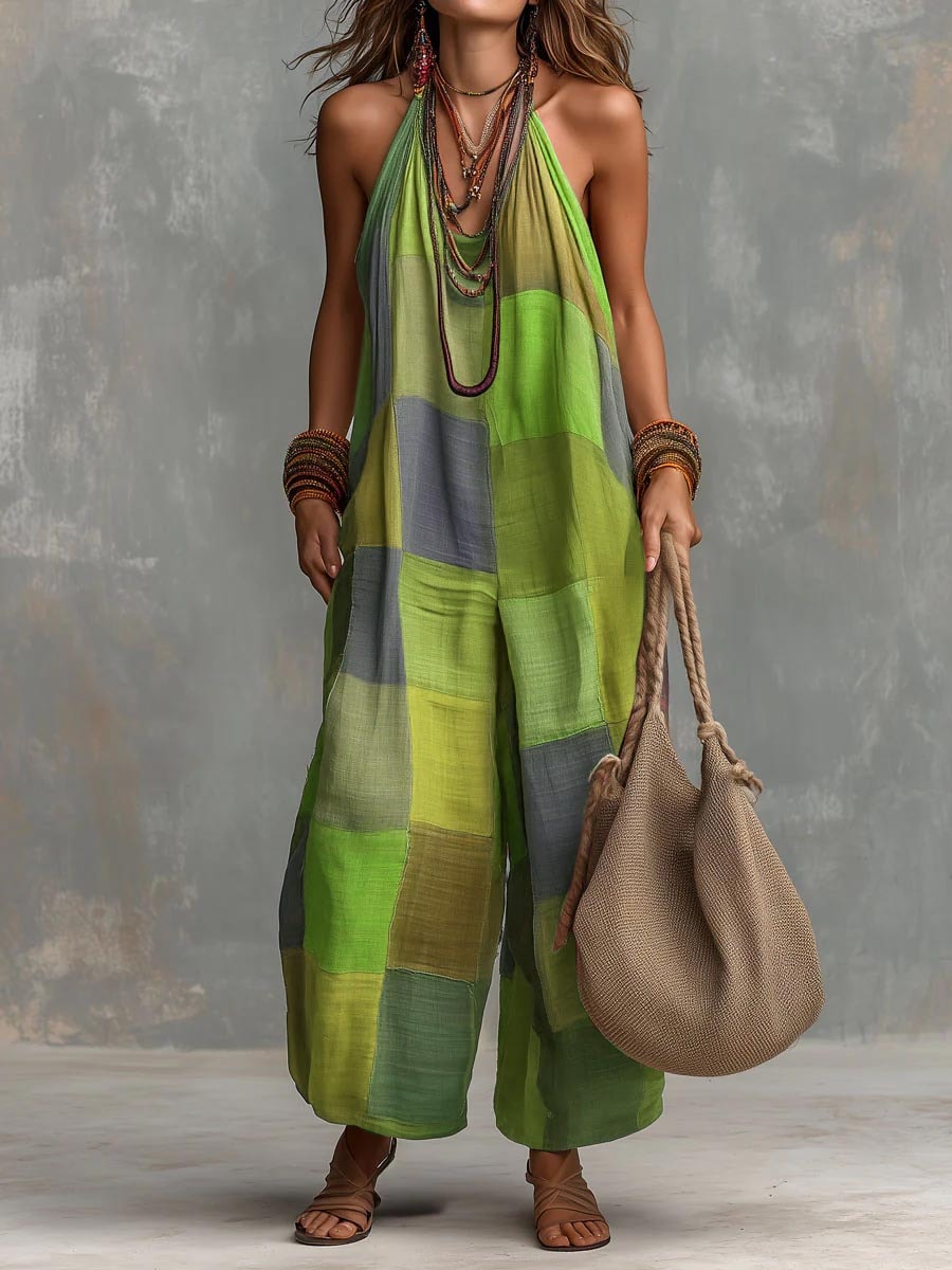 Women's Patchwork Linen-Cotton Jumpsuit with Wide Legs and V-Neck