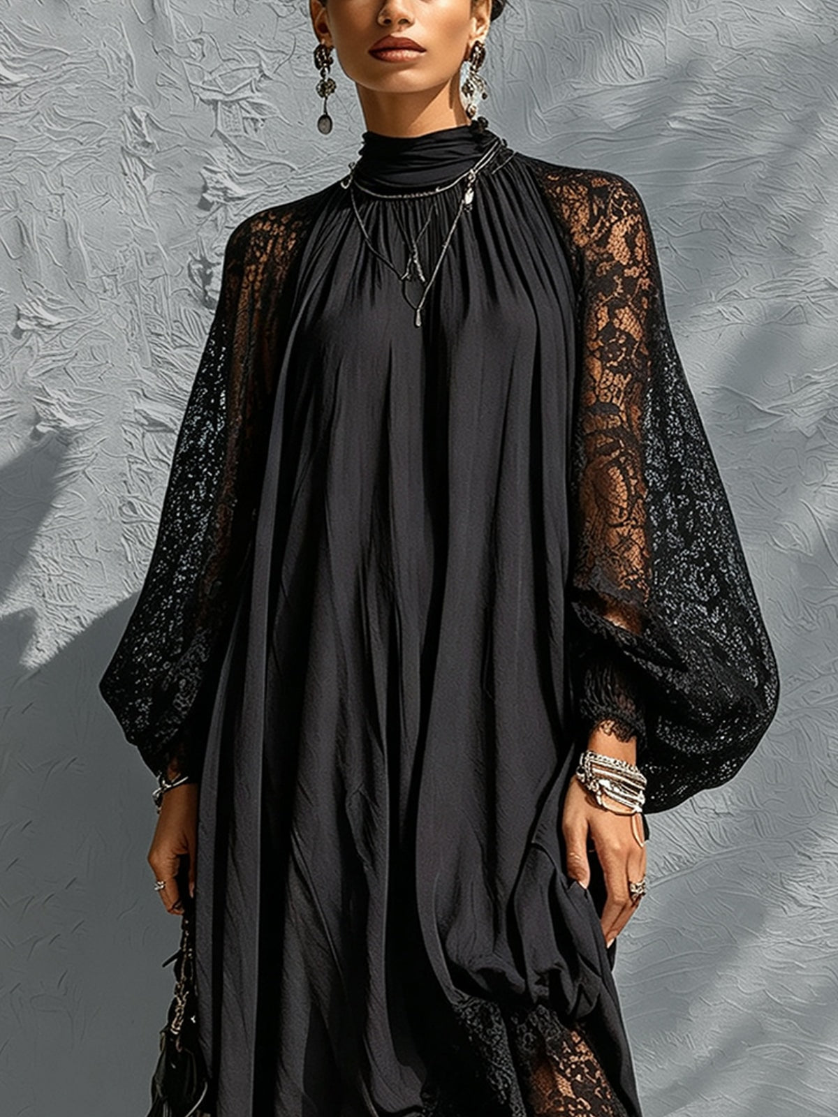 Lace Balloon-Sleeve Draped High-Neck Maxi Dress with Sheer Hem Panel