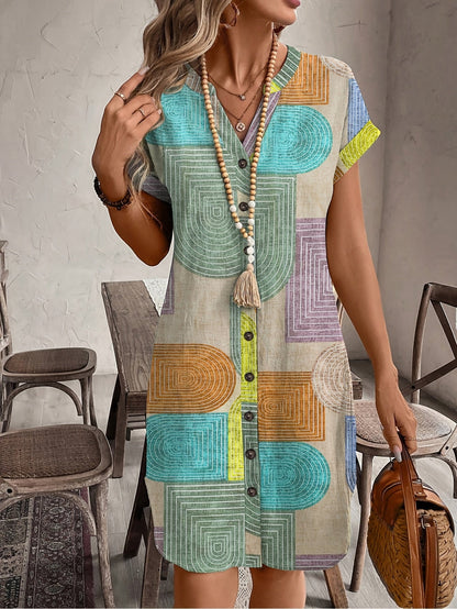 Miriam Retro Print Button-Front V-Neck Women's Midi Shirt Dress