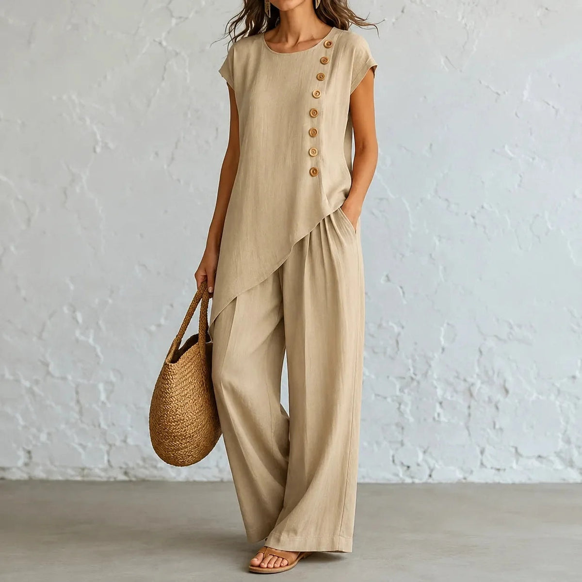 Two-Piece Matching Co-Ord Set with Asymmetric Button Top and Wide-Leg Pants