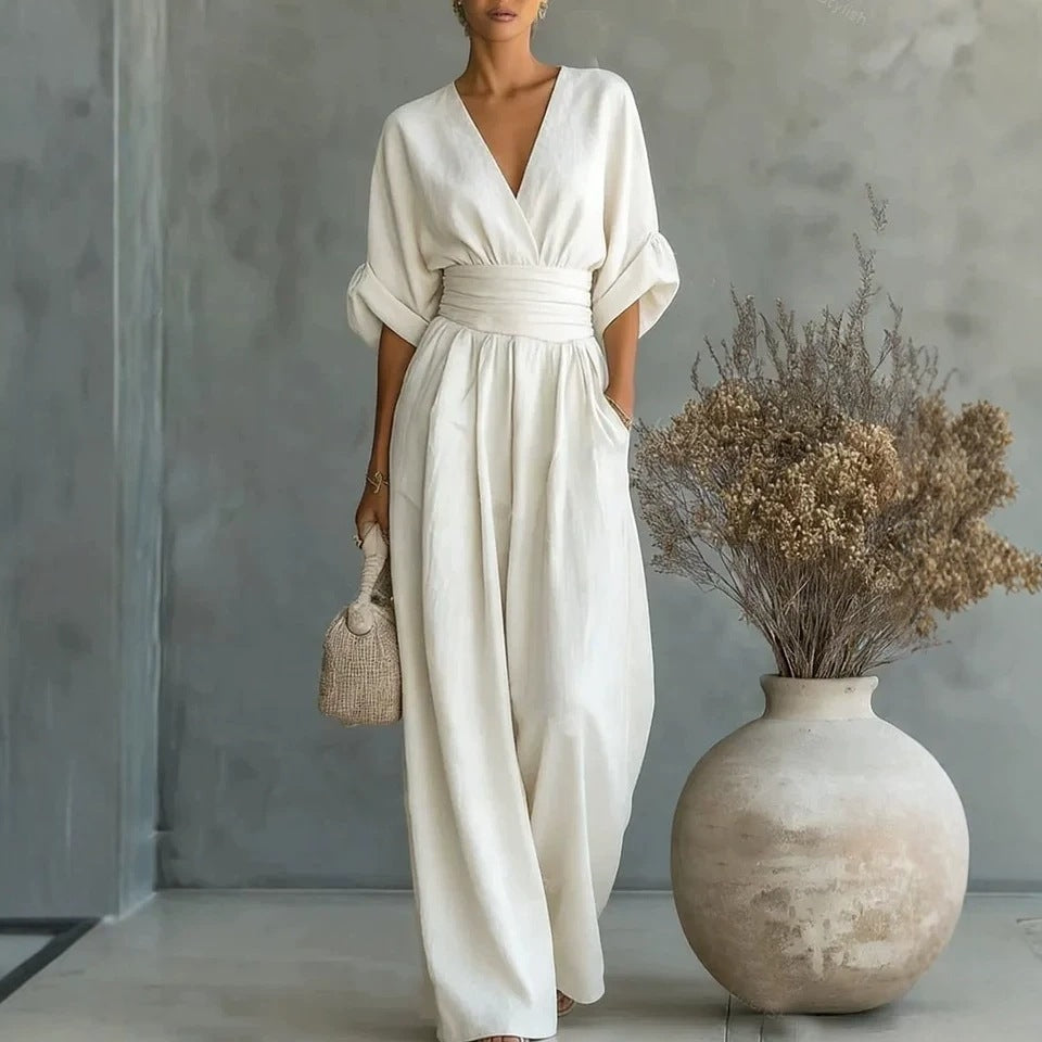 Sophia Merriweather Wide-Leg Linen Jumpsuit with Wrap Waist Tie
