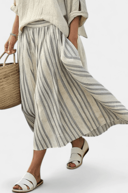 Matching Two-Piece Set with Loose Linen Blouse and Striped Midi Skirt
