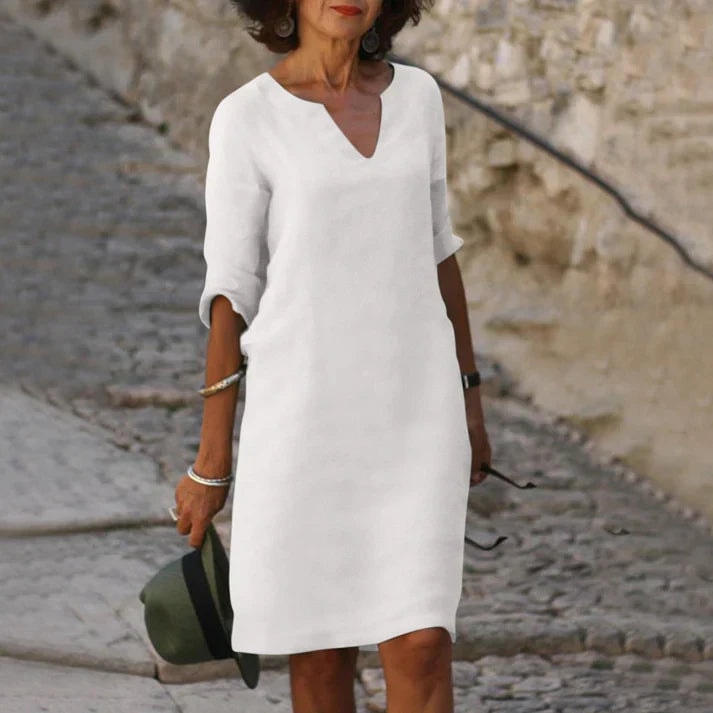 Women's V-Neck Half-Sleeve Polyester Midi Dress