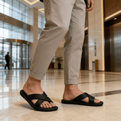 Men's Cross-Strap Slip-On Sandals with Flat Cushioned Sole
