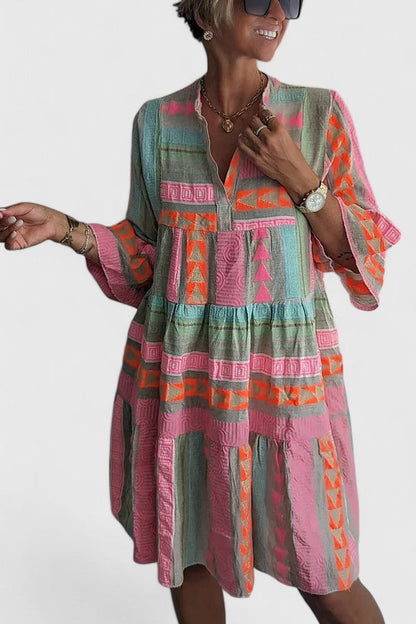 Gisara Boho Tiered Swing Midi Dress with Bell Sleeves and Geometric Print