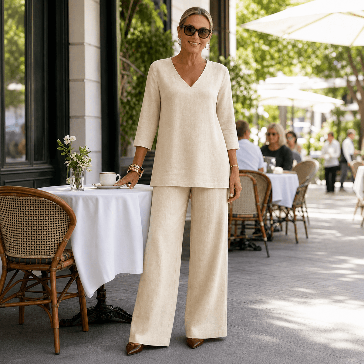 Draperly V-Neck Linen-Look Matching Set with Wide-Leg Pants