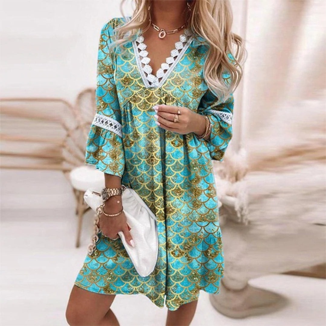 Women's Paisley Print Midi Dress with Crochet Trim and Bell Sleeves