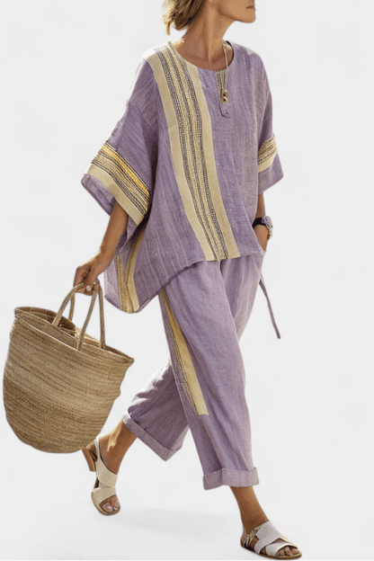 Matching Two-Piece Set with Oversized Striped Linen Top and Wide-Leg Pants