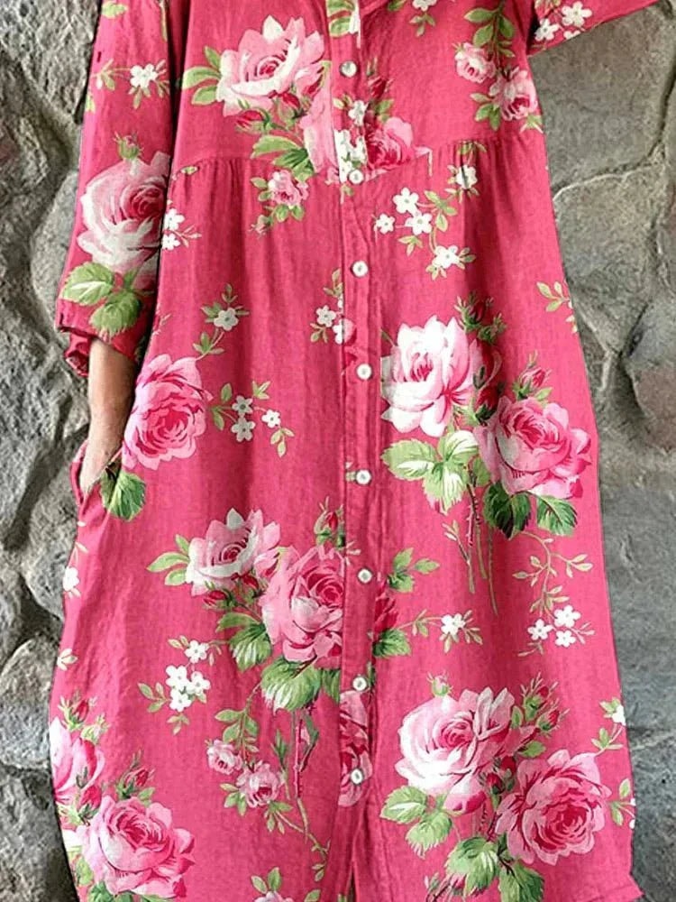 Maddie Floral Cotton Button-Front Women's Midi Dress with Three-Quarter Sleeves