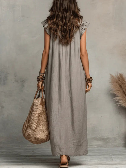Caldora Maxi Dress in Summer Linen with Ruffle V-Neck and Side Pockets